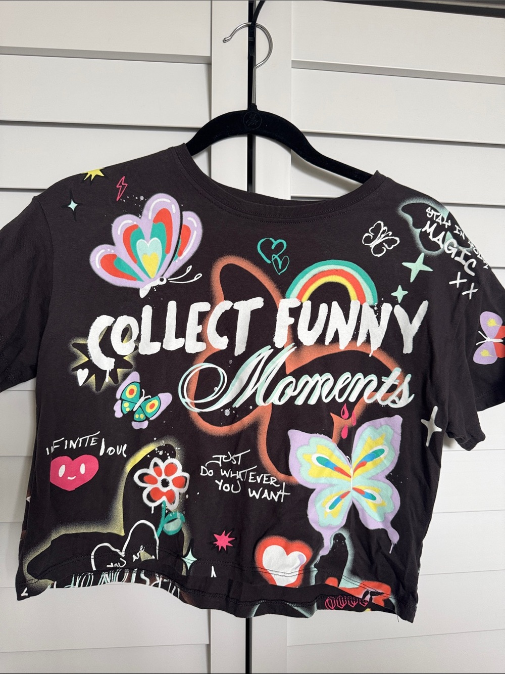 Zara Black Graphic Tee with Multicolor Butterflies & Rainbow